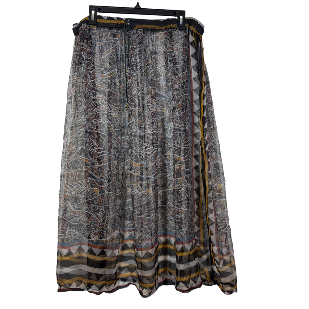 Sheer Maxi Skirt Boho Tribal Pattern Drawstring Black White Vintage 90s Hippie